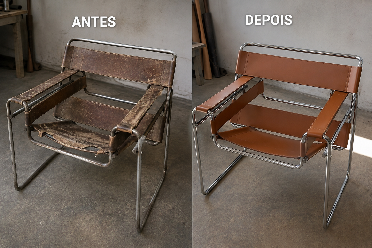 Antes e depois de uma poltrona Wassily desgastada e restaurada com couro havana em ambiente de oficina