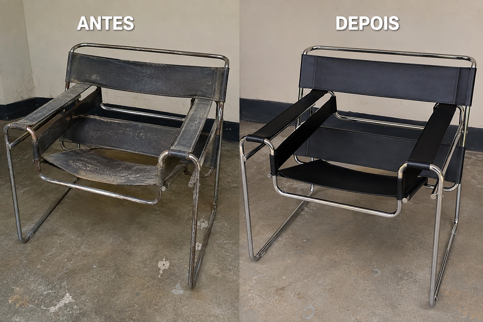 Poltrona Wassily antes e depois da reforma com couro preto