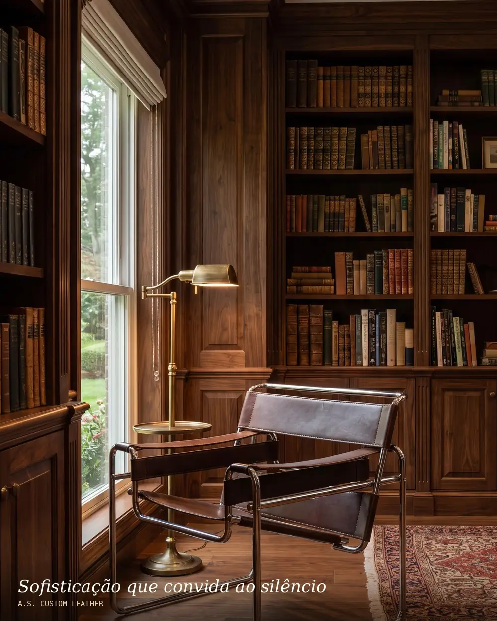 Poltrona Wassily marrom café em biblioteca