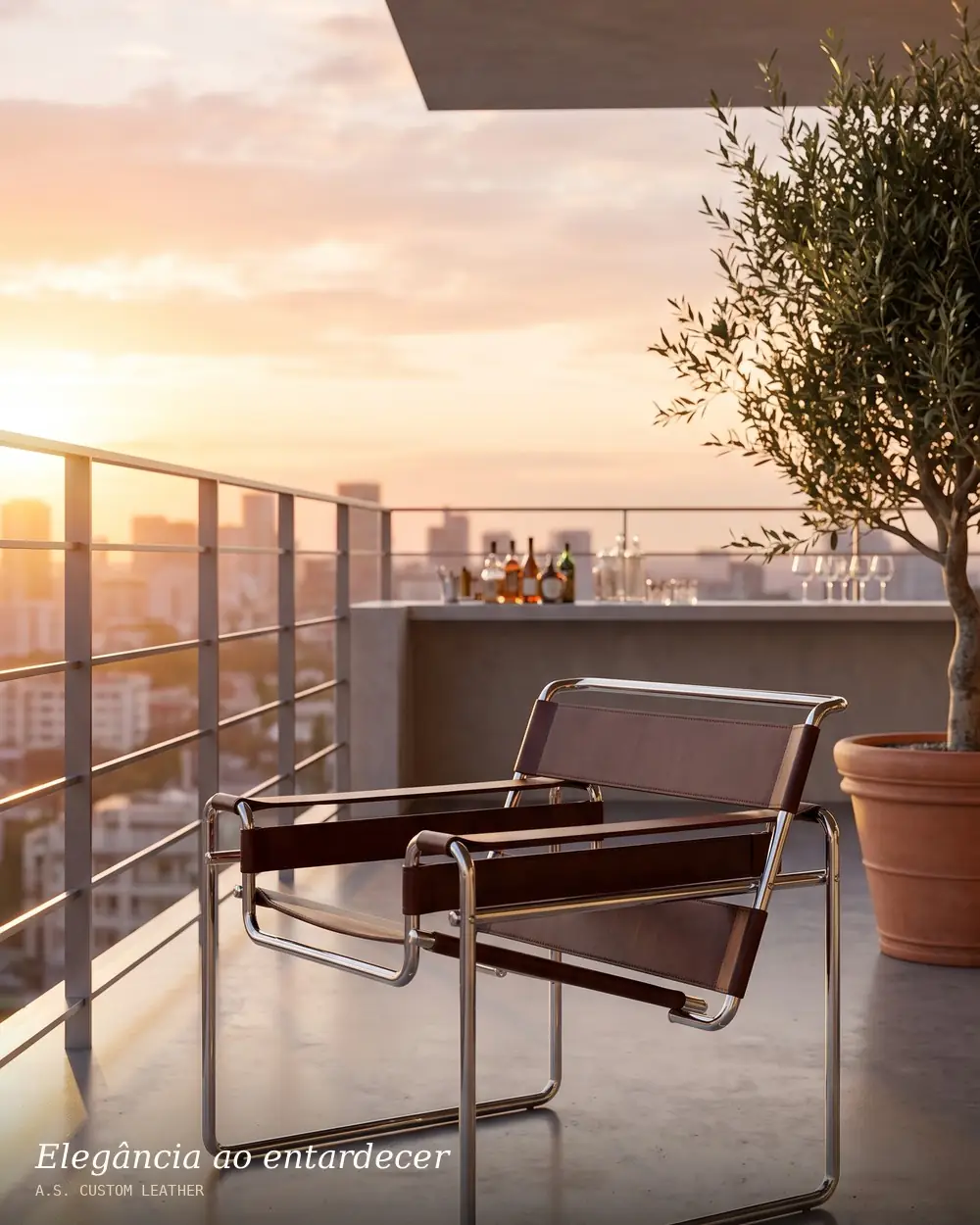 Poltrona Wassily havana em terraço ao entardecer