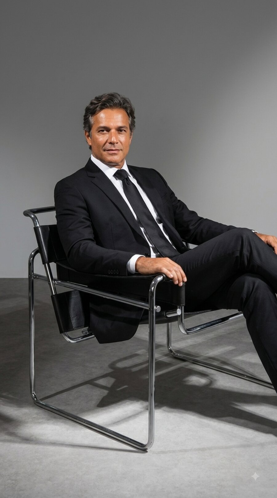 Homem sentado em poltrona Wassily revestida em couro preto A.S. CUSTOM LEATHER